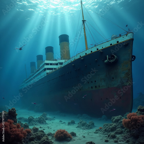 Das Wrack der Titanic liegt auf dem Meeresgrund, umgeben von Korallen und Meereslebewesen. Lichtstrahlen dringen durch das Wasser und beleuchten die verwitterte Struktur.   photo