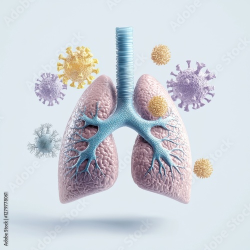 A stylized image of human lungs surrounded by various colorful viruses and bacteria, illustrating the respiratory system's response to pathogens.