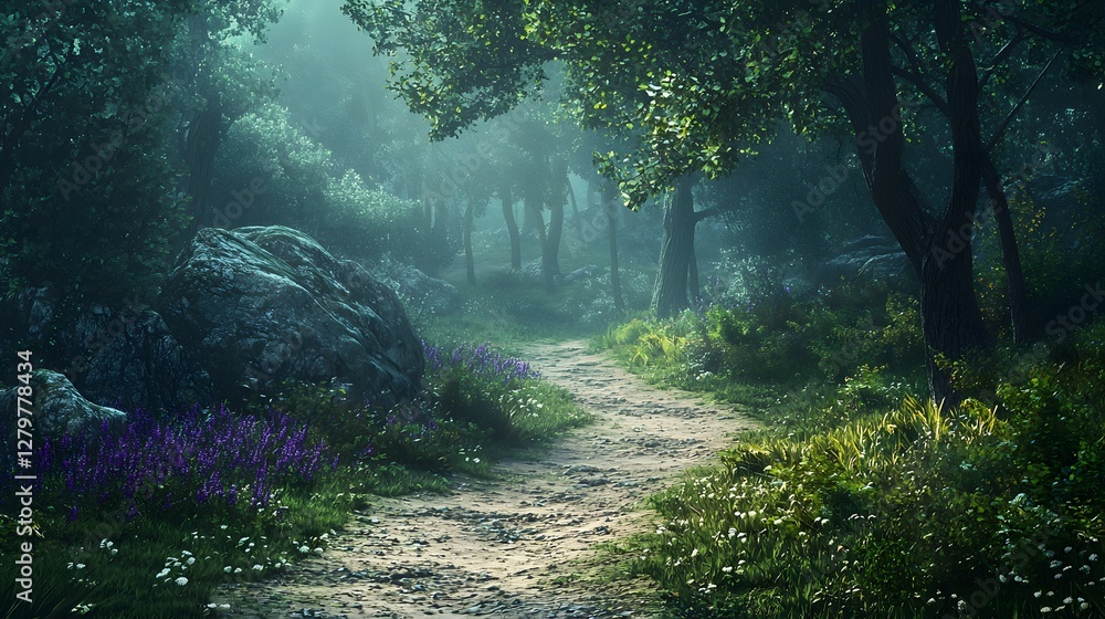 Obraz premium Mysterious forest path enchanted woodland nature scene serene environment ground level view tranquility concept for seo impact