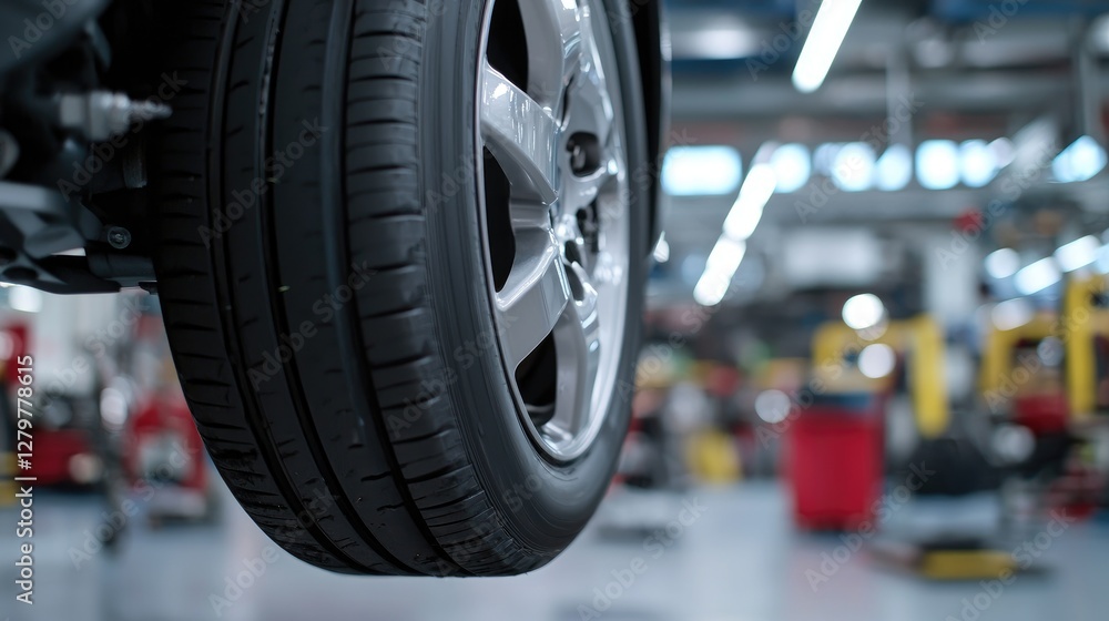 Car tire lifted in auto repair shop