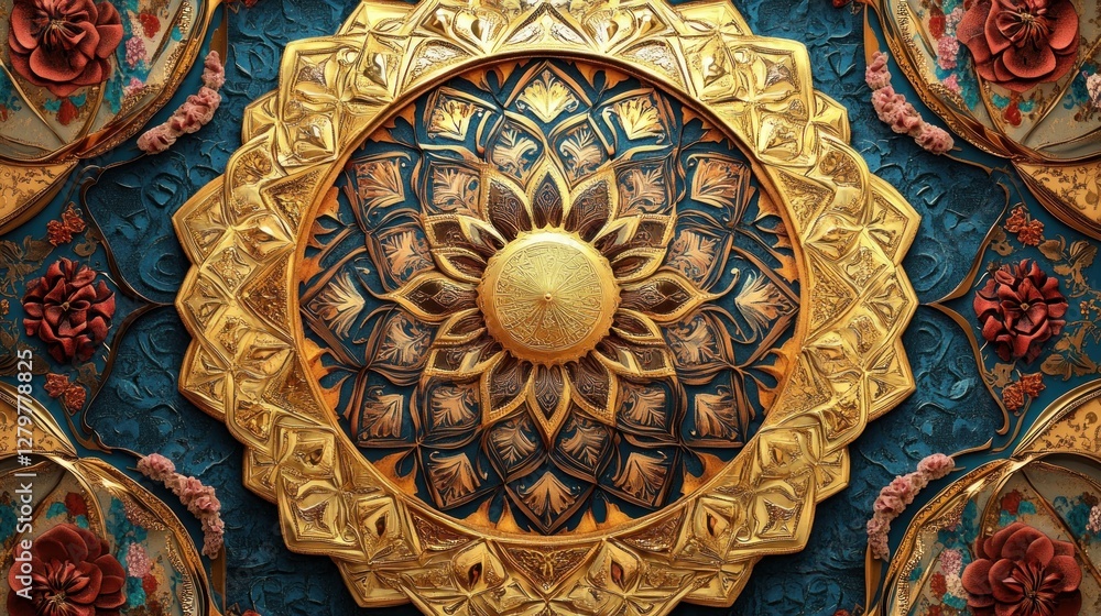Obraz premium Intricate Golden Ornamental Design With Teal Background And Floral Details