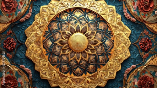 Wallpaper Mural Intricate Golden Ornamental Design With Teal Background And Floral Details Torontodigital.ca