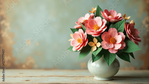 Wallpaper Mural Vintage Paper Garden Bouquet – A nostalgic paper flower arrangement with vintage aesthetics, where delicate paper blooms are artistically arranged from recycled paper. Torontodigital.ca