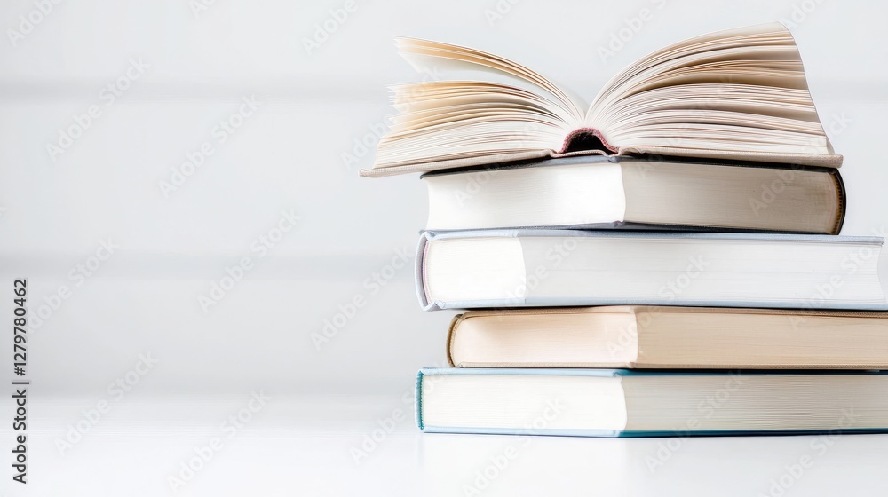 Open book on stack, white background, reading, knowledge (1) Open book on stack, white background, reading, knowledge (1)