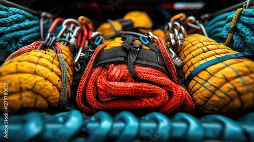 Climber's gear in vehicle, ropes and carabiners, adventure prep