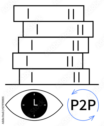 Stack of books representing education atop an eye with a clock, symbolizing time and observation, next to a circular P2P arrows icon. Ideal for learning, sharing, collaboration, peer-to-peer