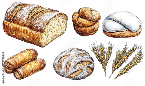 Various types of baked bread and pastries with wheat. Illustration of different breads. Possible use for cooking inspiration or bakery menu