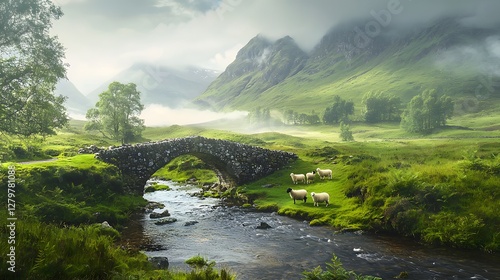 Scenic bridge over stream highland valley nature landscape lush environment panoramic view tranquil beauty