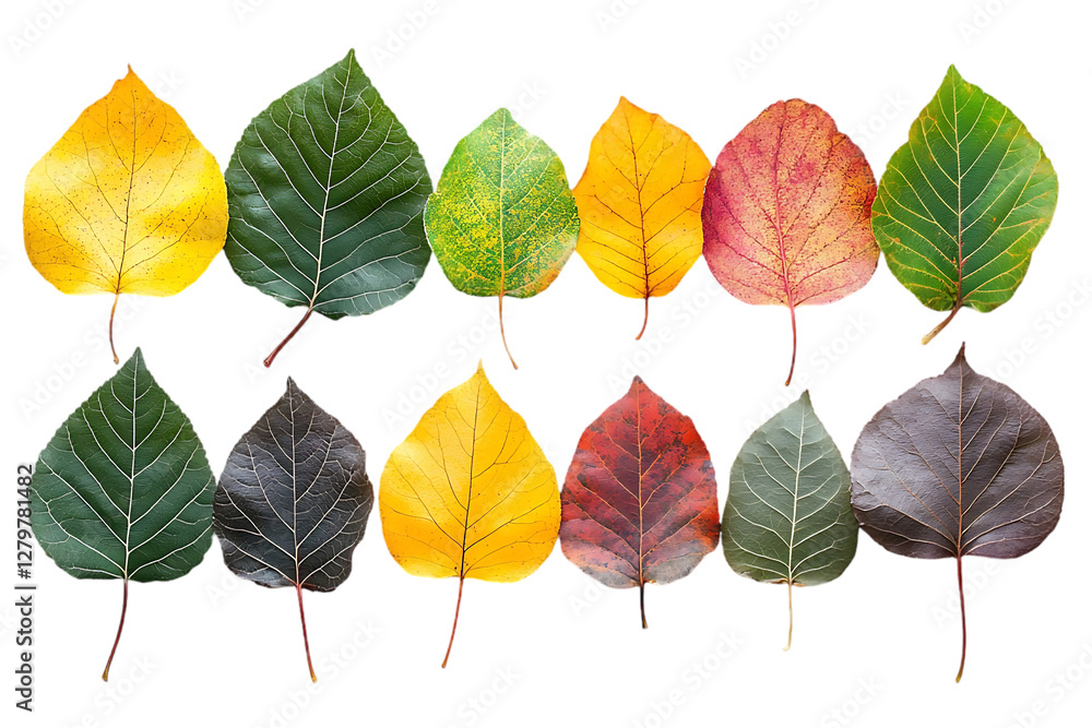 Fototapeta premium Autumn leaves, gradient of colors, arranged in rows, nature's beauty, for education, design, or background use