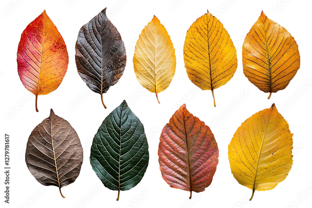 Obraz premium Colorful autumn leaves, various shades, isolated on black background, for nature-themed designs