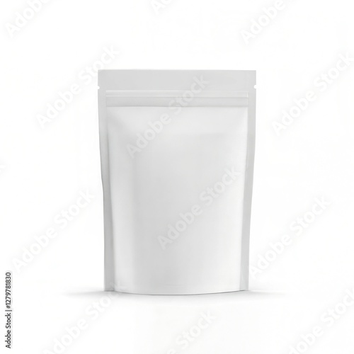 Matte food grade stand up pouch mockup with resealable zipper, blank white packaging design for snacks or pet food, coffee or powders, isolated on a clean background in a realistic 3D rendering