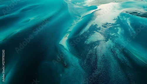 Aerial view of glowing river deltas merging into a vast turquoise sea, cinematic tranquil vibrancy