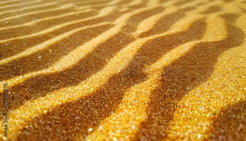 Close-up of glowing golden sand grains reflecting soft sunlight, cinematic serene natural artistry photo