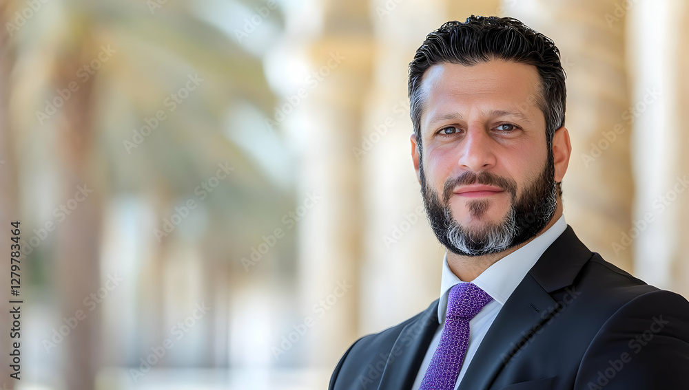 Fototapeta premium Confident businessman portrait, outdoors, near columns, successful career. Use business profile, leadership, corporate