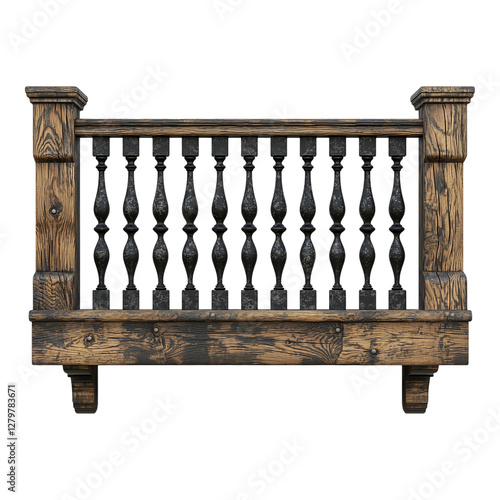 This image showcases a weathered, wooden balustrade with ornate details and a dark black finish.