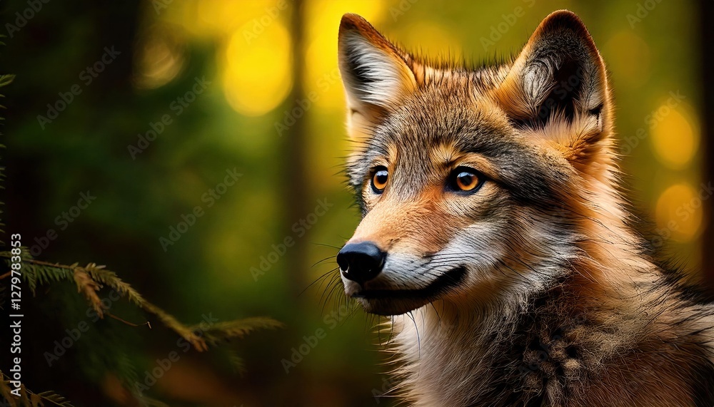 Fototapeta premium Coyote with striking eyes gazes thoughtfully in a forest during golden hour