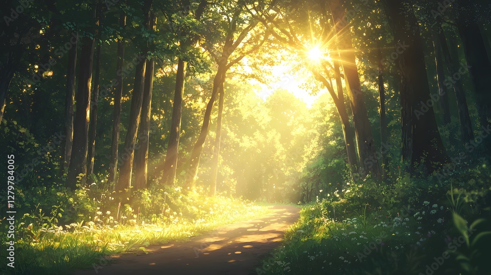 Fototapeta premium Sunlit pathway through lush forest nature scene tranquil environment morning light peaceful concept for relaxation