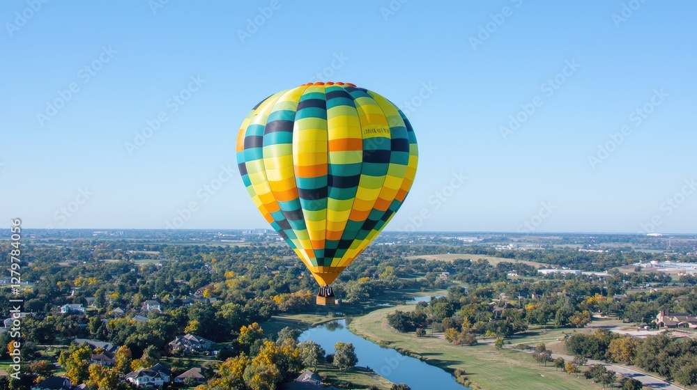 Fototapeta premium Colorful hot air balloon floats high in the clear blue sky over a winding river and green landscape.