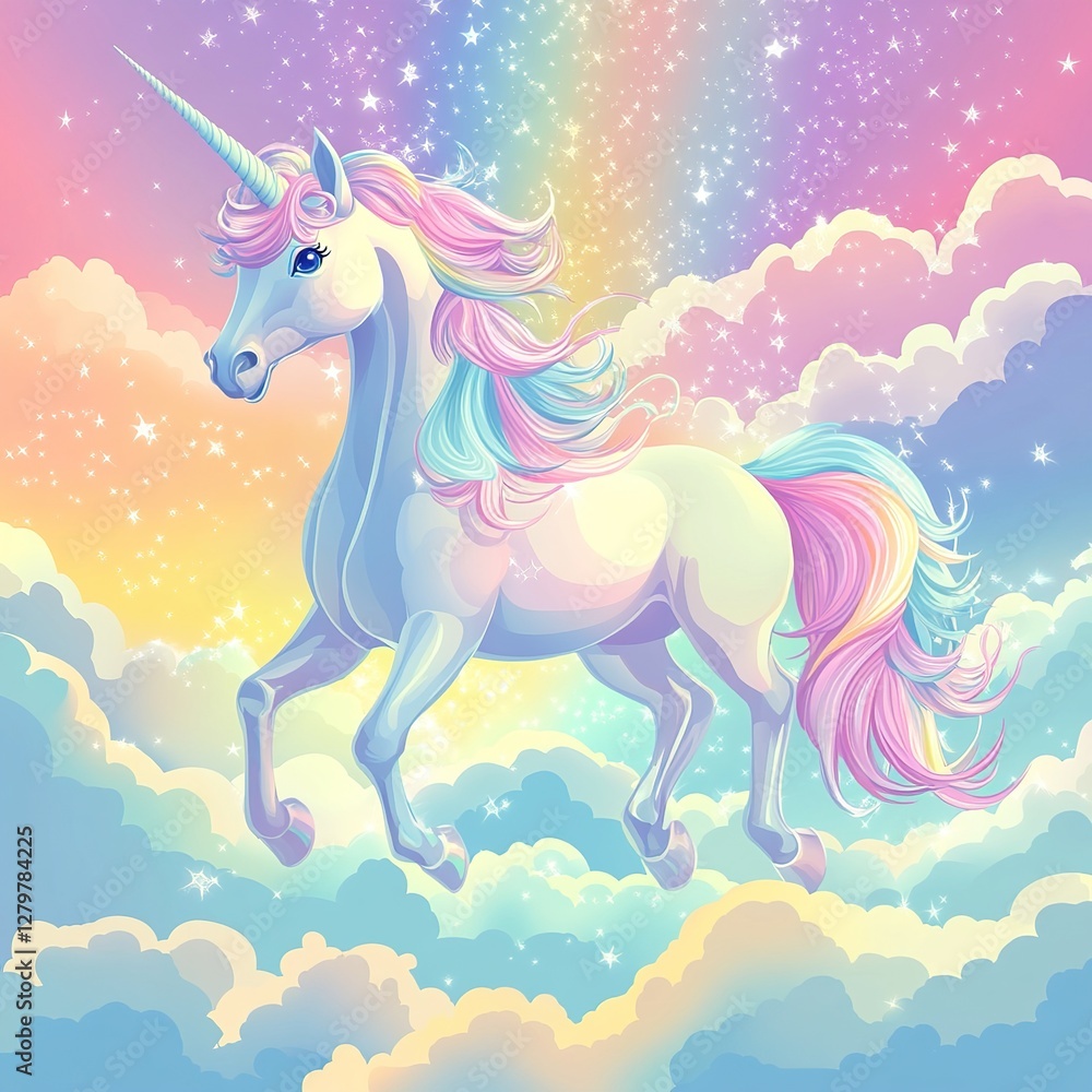 Fototapeta premium Magical unicorn leaping through colorful clouds fantasy scene digital artwork dreamy environment vibrant viewpoint