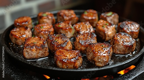 Sizzling Pork Cubes, Outdoor Grill, Brick Background, Food Photography photo