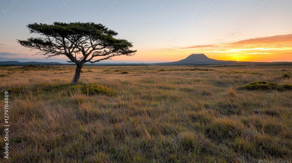 Obraz premium Tranquil Sunrise Over Savannah Plains; Lone Tree Silhouette