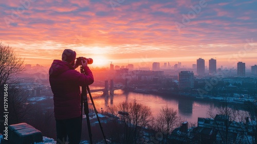 Photographer Capturing Sunset Over City Skyline With River View