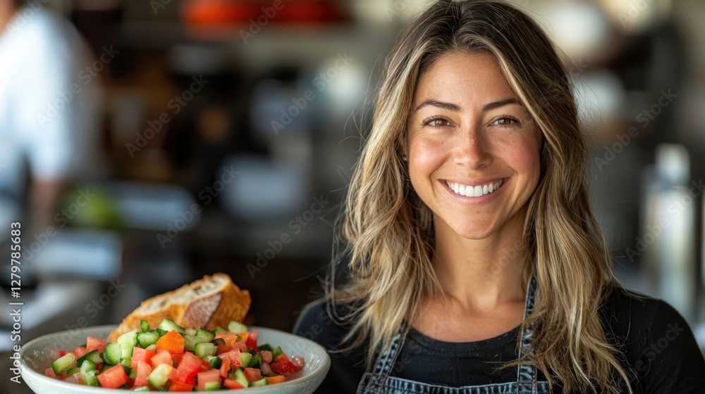 Smiling Chef Holding Colorful Salad in a Restaurant Kitchen Smiling Chef Holding Colorful Salad in a Restaurant Kitchen