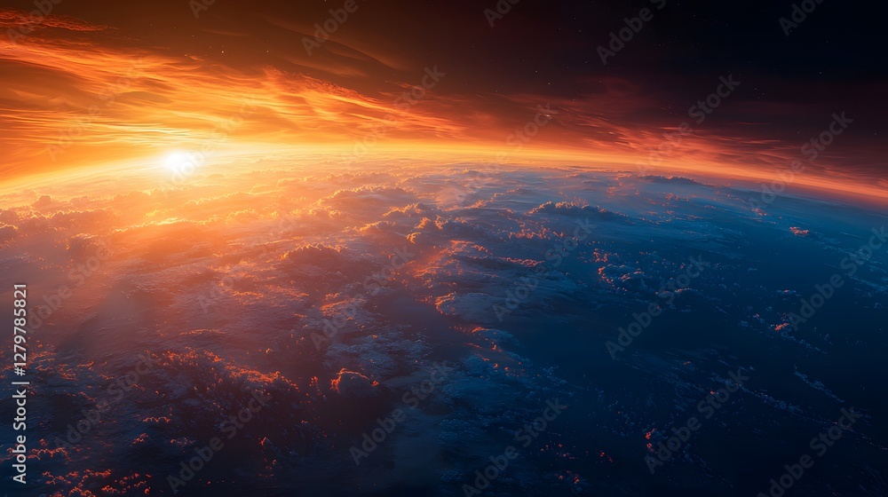 Fototapeta premium Dramatic sunrise over earth’s atmosphere outer space landscape photography celestial view cosmic wonder