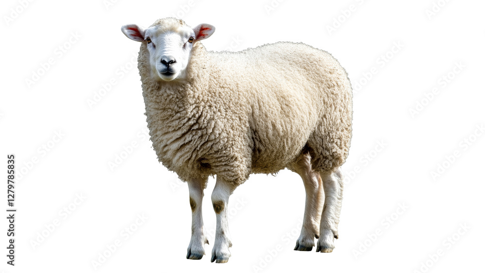 Fototapeta premium Fluffy sheep standing on a green pasture