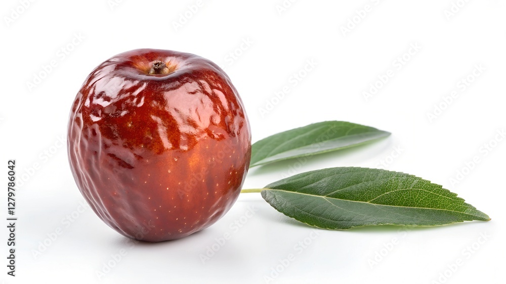 Fototapeta premium Jujube Delight: A close-up shot of a fresh jujube fruit, showcasing its glossy, reddish-brown skin and a few green leaves, conveying freshness and natural sweetness.