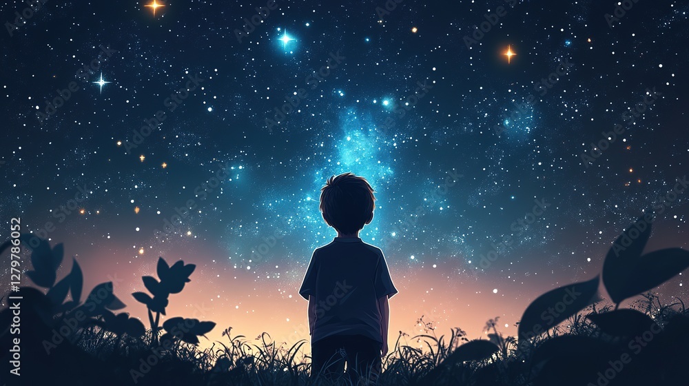 Wondering child gazes at starry night sky outdoor setting digital artwork dreamlike atmosphere Wondering child gazes at starry night sky outdoor setting digital artwork dreamlike atmosphere