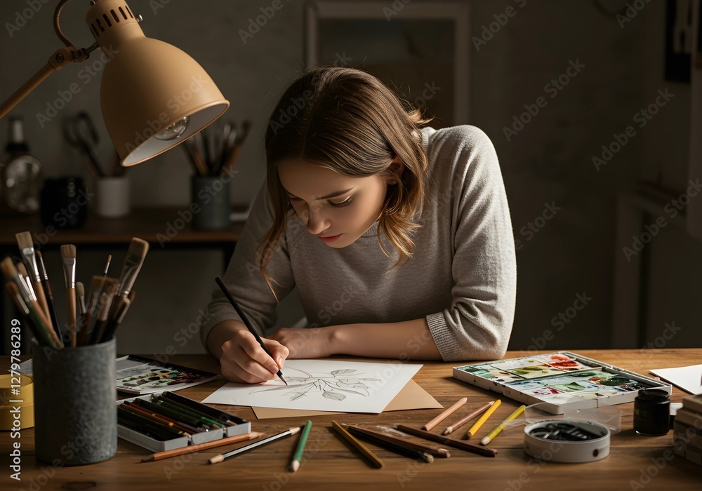 A focused artist: An individual drawing at a desk with various art supplies, their face obscured, under a well-lit lamp creating an artwork. A focused artist: An individual drawing at a desk with various art supplies, their face obscured, under a well-lit lamp creating an artwork.