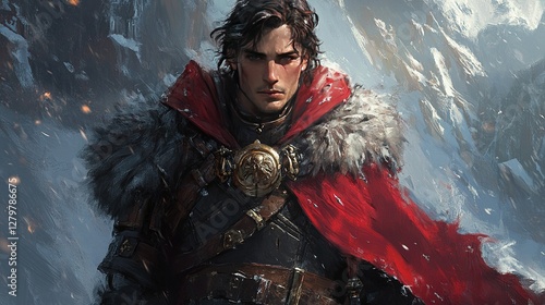 Heroic warrior in snowy mountains action adventure digital art epic environment dramatic viewpoint