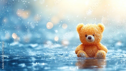 Teddy bear in rainy weather outdoor setting photography dreamy atmosphere close-up view childhood nostalgia