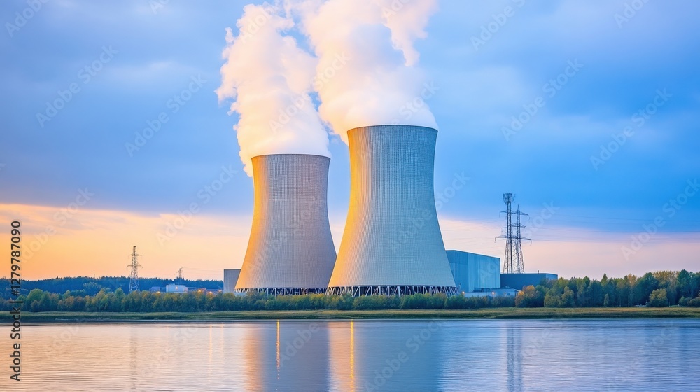 Majestic twin cooling towers of a nuclear power plant at sunset, reflected in calm water. A serene yet powerful image. Majestic twin cooling towers of a nuclear power plant at sunset, reflected in calm water. A serene yet powerful image.