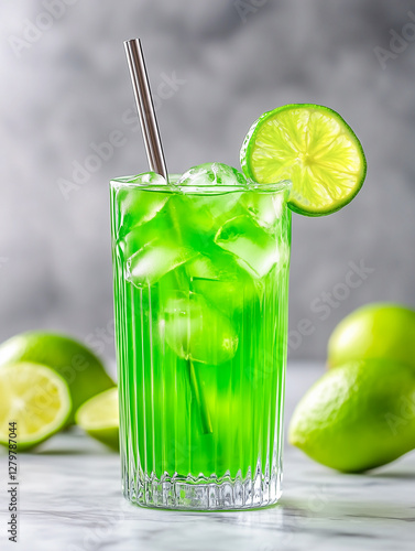 Refreshing Green Cocktail with Ice and Lime Garnishment on Marble Surface