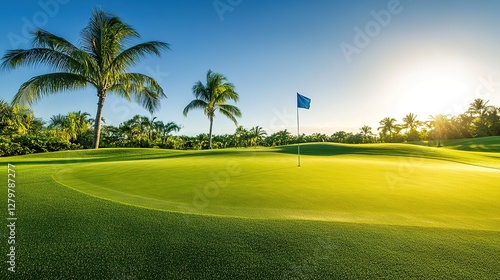 Tropical Golf Course with Lush Green Fairway and Palm Trees at Sunset, Golden Hour Lighting Over a Pristine Putting Green with a Blue Flag, Vibrant Colors and Serene Landscape in a Wide-Angle Professi