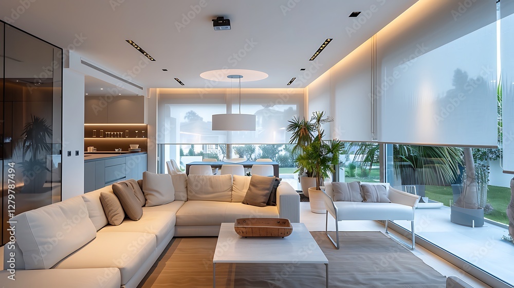 Fototapeta premium Interior of luxury living room with motorized roller blinds, solar shades and modern glass window