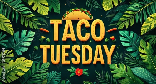 taco Tuesday lettering on jungle leaves background