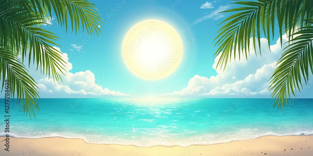Obraz premium Scenic tropical beach with turquoise ocean, palm leaves, and bright sun in clear sky