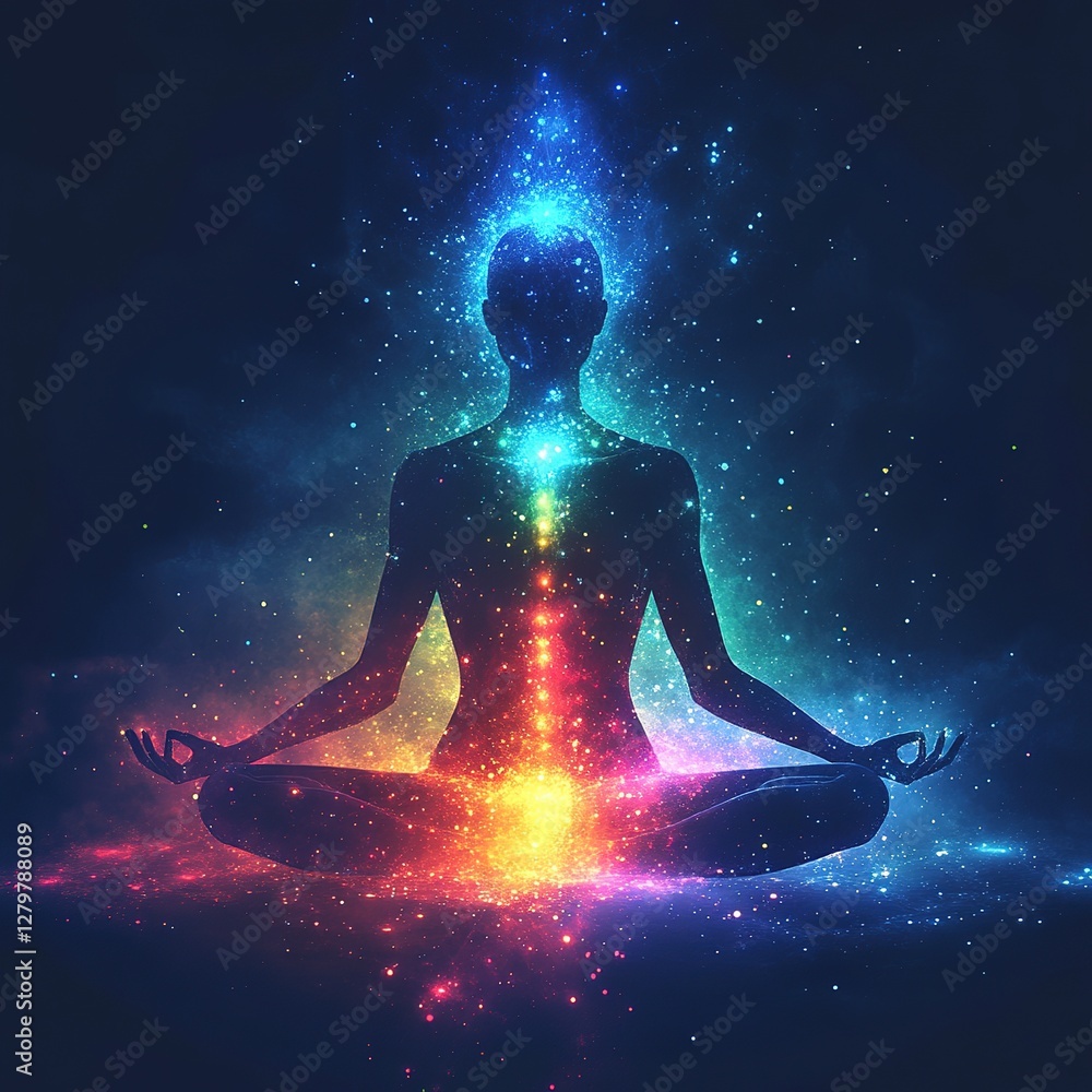 Meditation practice for inner peace cosmic energy digital artwork dark background eye-level view spirituality Meditation practice for inner peace cosmic energy digital artwork dark background eye-level view spirituality