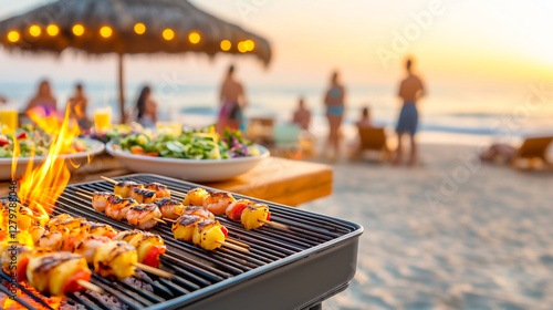 Grilled Seafood Skewers at Sunset on the Beach with Friends