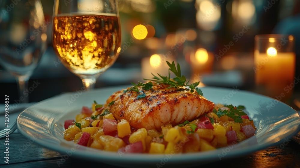 Grilled salmon with mango salsa, served with a glass of white wine at a romantic outdoor dinner. Grilled salmon with mango salsa, served with a glass of white wine at a romantic outdoor dinner.