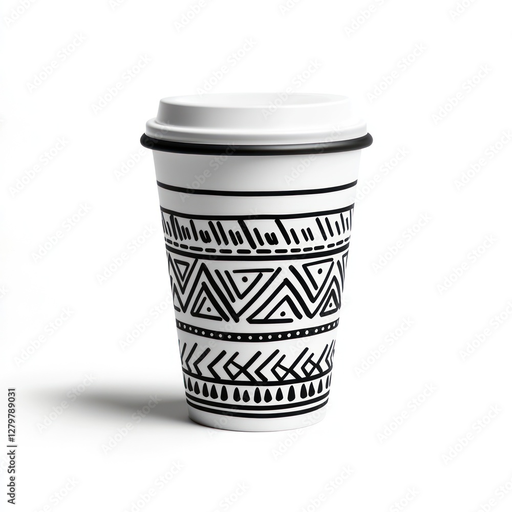 White Coffee Cup With Black Geometric Design White Coffee Cup With Black Geometric Design