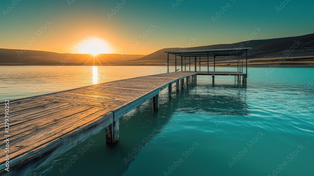 Serene sunrise over a tranquil lake with a wooden dock extending into the water Serene sunrise over a tranquil lake with a wooden dock extending into the water