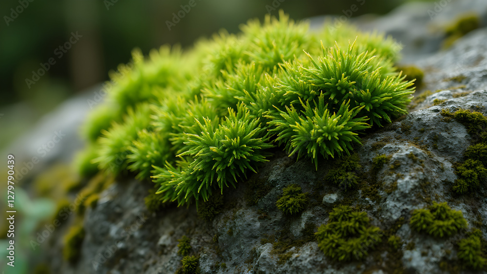 Star-shaped moss on boulder. Ultra realistic nature photography. Close-up shots of moss clusters. Beautiful textures in macro photography. Star-shaped moss on boulder. Ultra realistic nature photography. Close-up shots of moss clusters. Beautiful textures in macro photography.