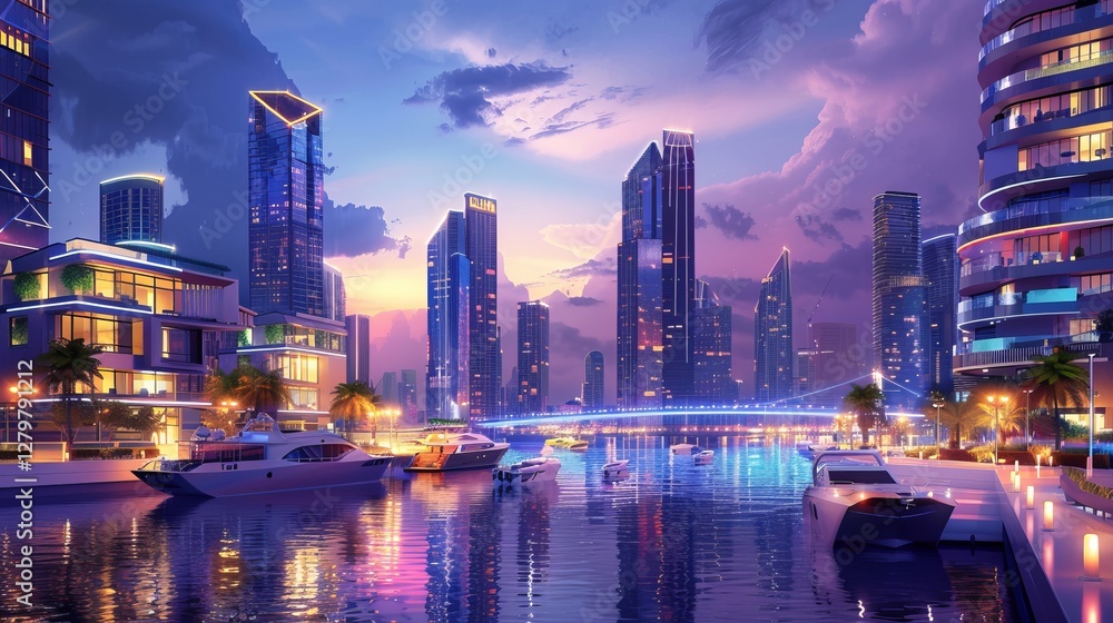 Obraz premium A stunning waterfront view of a modern city at twilight, showcasing glittering skyscrapers and luxury yachts.