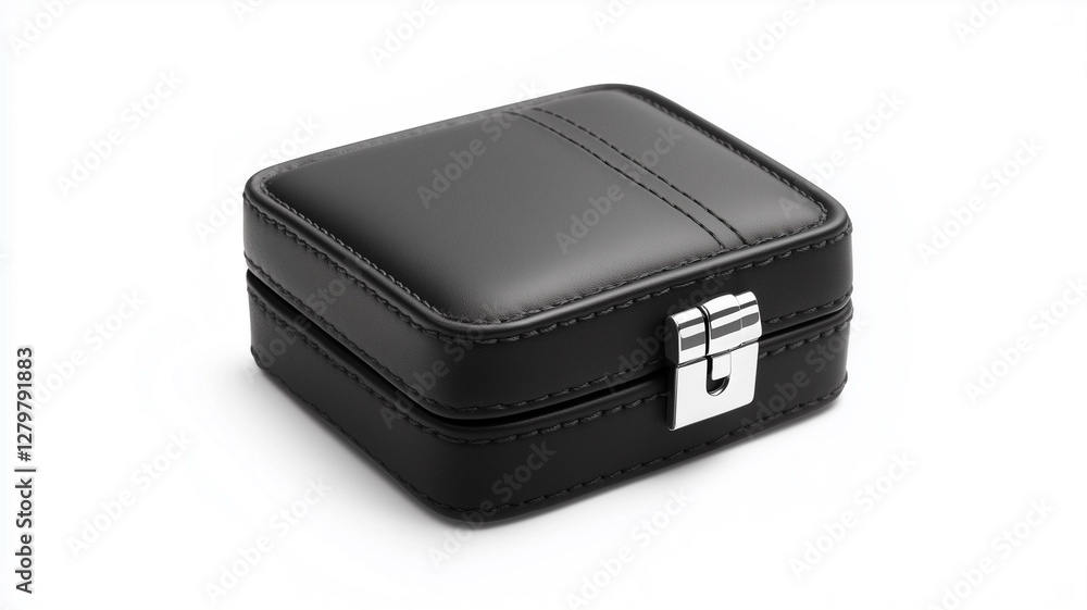 Photorealistic image of a black leather watch case with a secure closure, isolated on a white background
Photorealistic image of a black leather watch case with a secure closure, isolated on a white background