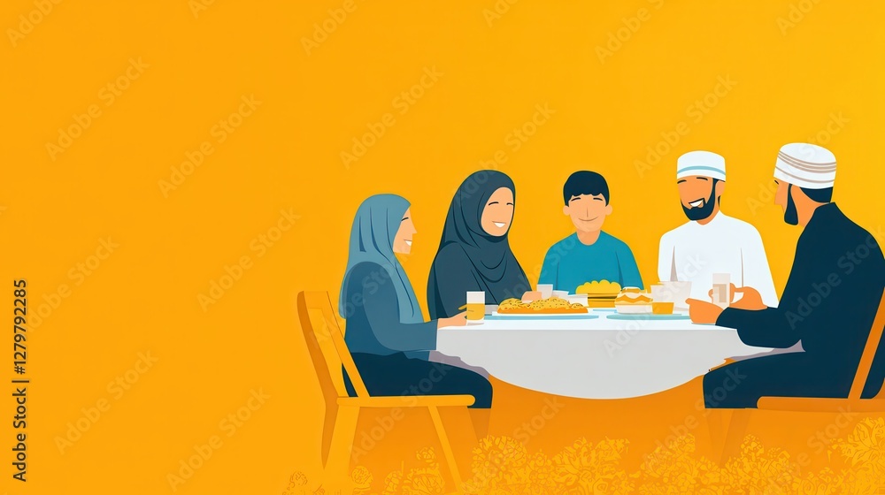 Family Enjoying Traditional Meal Together Against Bright Yellow Background Family Enjoying Traditional Meal Together Against Bright Yellow Background