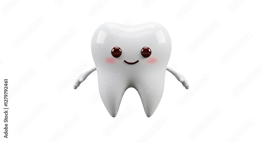 Cute Cartoon Tooth with Arms Smiling on a White Background Cute Cartoon Tooth with Arms Smiling on a White Background